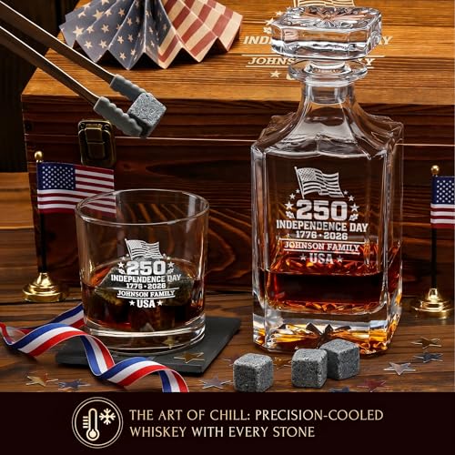 Image of Personalized 250th Anniversary Classic Whiskey Decanter Set - USA 250 Independence Gift for Men, Custom Engraved Family Name or Text,Decanter & 2 Whiskey Glasses, 9 Chilling Stones in Wooden Gift Box