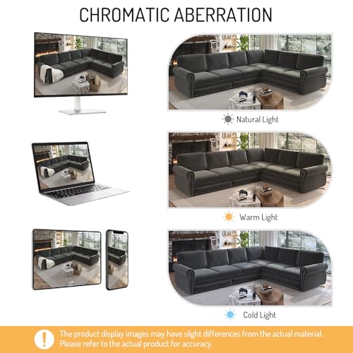 Image of KCGKCG 118 inch Sleeper Sofa Bed, Sectional Couches for Living Room /Apartment, Chenille L Shaped Couch with Pull Out Couch Bed, Convertible Sectional Sofa with Rolled Arm & Nailhead Trim, Dark Grey