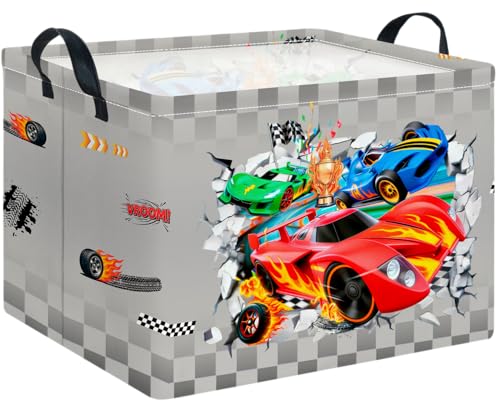 Image of CLOCOR Rectangular Storage Basket,Collapsible Cute Pattern Storage Bin,Waterproof Books Box with Handles,Gift Basket(Grey Racing)