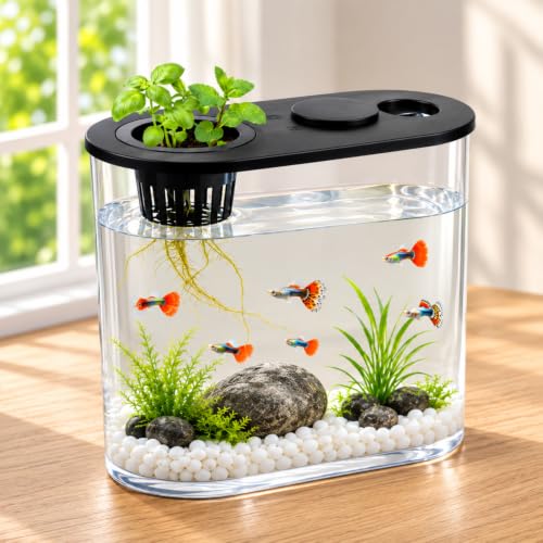 Image of VAYINATO PS-30L (Black) 10L Fish Tank with Plant Growing Basket & 7-Color LED Light | 30H x 13B x 28L cm Desktop Aquarium for Guppy, Betta & Small Fish | Stone & Plant Not Included