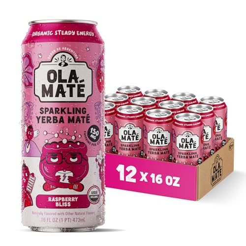 Yerba Mate Energy Drink - Low Sugar Sparkling Tea Cans with Ashwagandha, Lion’s Mane, USDA Organic Clean Energy Drink with 150mg Natural Caffeine, Ola Mate Raspberry