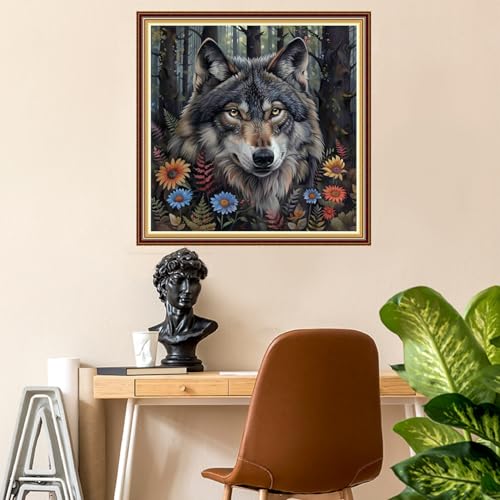 Image of Fanxvivy Stamped Counted Cross Stitch Kits for Adults Printed Cross-Stitch Patterns 11CT Stamped or Counted Cross Stitching Embroidery Kit Needlepoint Kits-Forest Wolf King 18x18 inch