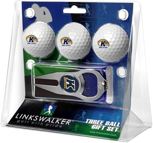 LinksWalker Kent State Golden Flashes Regulation Size 3 Golf Ball Gift Pack with Hat Trick Divot Tool (Silver)