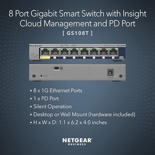 Image of NETGEAR 8-Port Gigabit Ethernet Smart Switch (GS108T) - Managed, with 1 x PD , Optional Insight Cloud Management, Desktop or Wall Mount, Silent Operation