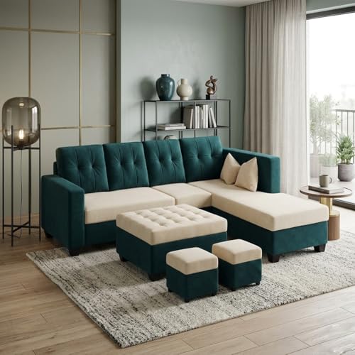 Image of FURNY Nathan 8 Seater L Shape Sofa Set RHS (Green Teal-Cream) | Suede Velvet Finish | Durable Comfort Sofa for Modern Living Room & Office Spaces