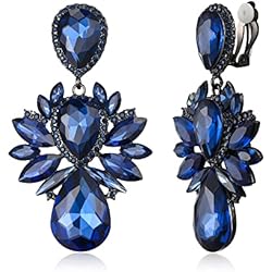 Lamparas Araña Vintage EVER FAITH Pendientes Colgantes de Cristal con Clip, Estilo Vintage Marquesa Gota de Agua Pendientes Lámpara de Araña para Mujer Azul Tono Negro