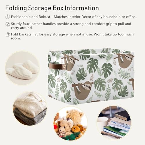 Image of Aslsiy Storage Basket Sloth Tropical Leaves Nursery Bins Baby Box Canvas Clothes Shelf Basket Laundry Hamper Gift Basket for Home Closet 1 Pcs