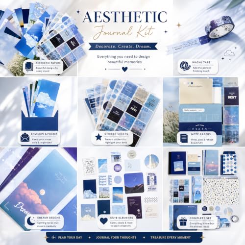 Image of RANDEN Blue Journaling Kit, 346PCS Vintage Scrapbook & Stationery Set with Aesthetic Stickers, Ephemera Pack and Journal Supplies for Bullet Journals, Planners, Albums & Creative Crafts (Warm Blue)