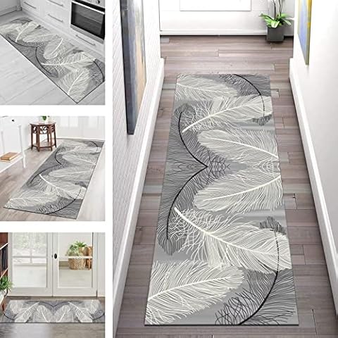Läufer Teppich Lang Flur Küche Rutschfest Waschbar Küchenläufer Teppichmatten 80X300CM Grau Weiß Abstrakt Teppichläufer Cover
