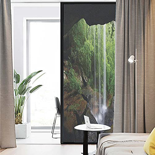 Natural Cave Pattern Window Privacy Film,Still Waterfall In The Forest Northern Alabama Habitat Ecosystem Scenery Sun Blocking Film,For Home Glass Door Kitchen,35.478.7 Inch, Green Brown #TOP2