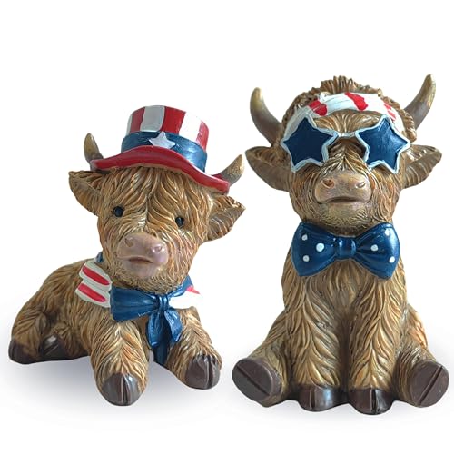 FESTGLOX Figuras de vaca de las tierras altas para decoraciones del 4 de julio, 2 estatuas patrióticas de vaca para el Día de los Caídos, decoración de granja de resina para el Día de la Independencia