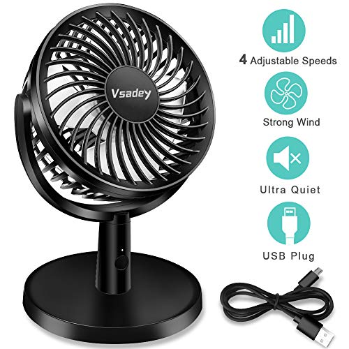 Vsadey Ventilador de Escritorio, Mini Ventilador USB Silencioso con 4 Velocidades y Ángulo Ajustable 310°, Ventilador Portátil Compatible para PC, Enchufe y Power Bank, para el Hogar y la Oficina