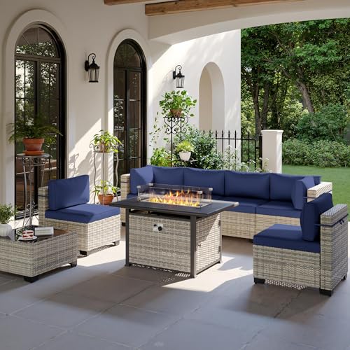 Image of 8-Piece Modern Patio Furniture Set with 55,000 BTU Fire Pit Table, Thick Cushions, Dual-Strand Wicker Rattan, Rust-Resistant Frame, Navy Blue