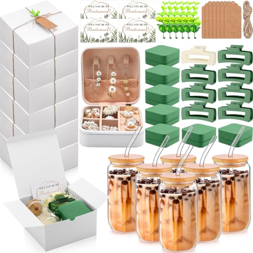 Quelay 56 Pcs 8 Set Bridesmaid Proposal Gift Set, 15 oz Glass Cup, Box, Square Clips, Will You Be My Bridesmaid Invitation Card Gift Box for Bridal Shower Bachelorette Party(Green)