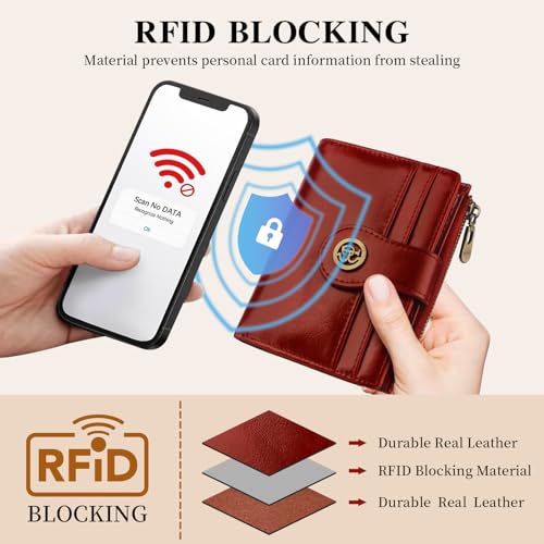 Image of Leather Wallet Women,RFID Blocking Slim Compact Card Holder with Zipper Coin Pocket,Top Grain Cowhide Bifold Women's Wallet(winered)