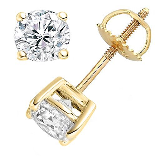 14 Karat Yellow Gold Cubic Zirconia Stud Earrings (Screw Post) Backing 2.00 Ctw