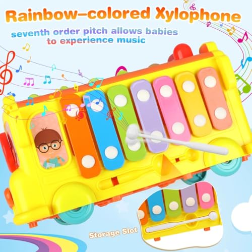 Image of PLUSPOINT Activity School Bus Toy for Kids Multifunctional Pull-Along Bus with Gears, Teaching Clock, Fishing Game Color Matching Shape Puzzles Whack-a-mole Toddler Musical Toy for 1-5 yrs