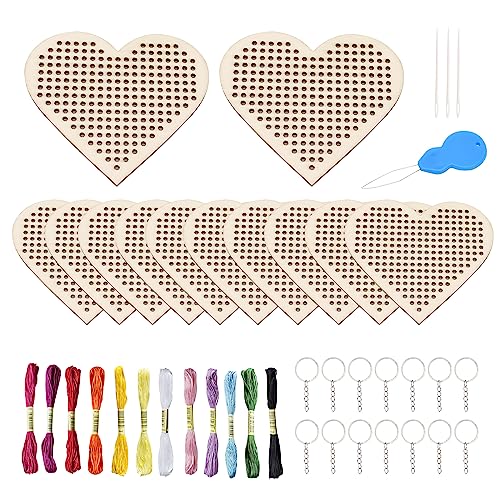 CYUaoao 12 Pack Wooden Cross Stitch Set DIY Heart Shaped Wooden Keychain Embroidery Starter Set Cross Stitch Kit for Beginners Kids Teenagers DIY Art Craft