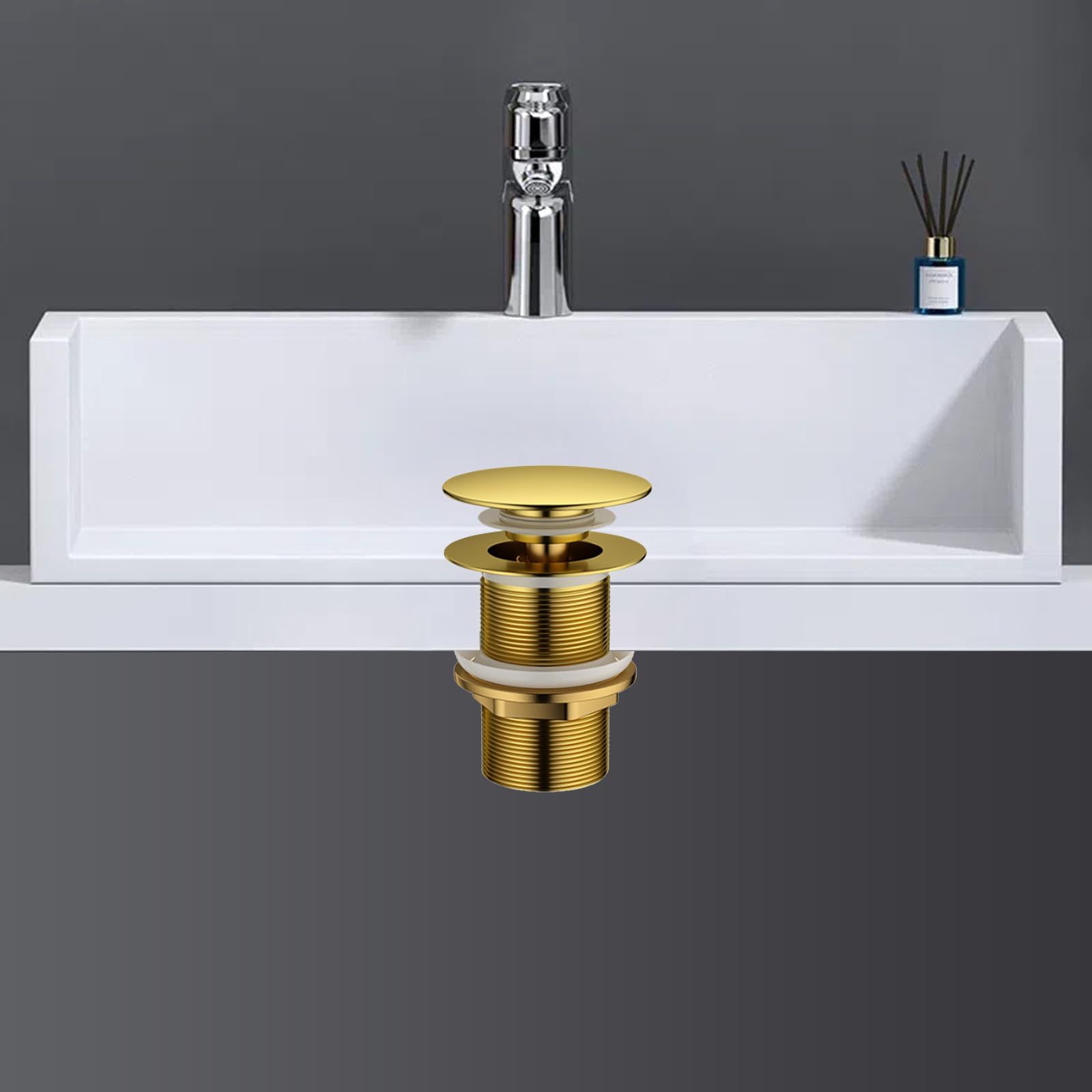Bonde de Lavabo Pop Up sans Trop Plein, Mécanisme Click Clack et Panier Filtre, Finition Laiton Doré Antique, pour Lavabo de Salle de Bain et Bidet, Universal G1 1/4 Pouce