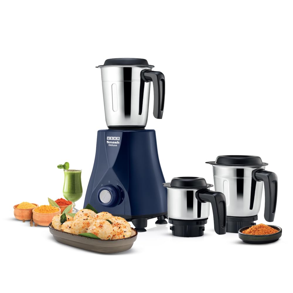 Usha Smash Deluxe 500W Mixer Grinder with 3 Stainless Steel Jars (1.2L, 0.8L, 0.4L) | 100% Copper Motor | 3-Speed Control | Compact Design | 5-Year Motor Warranty, White & Blue-image-24