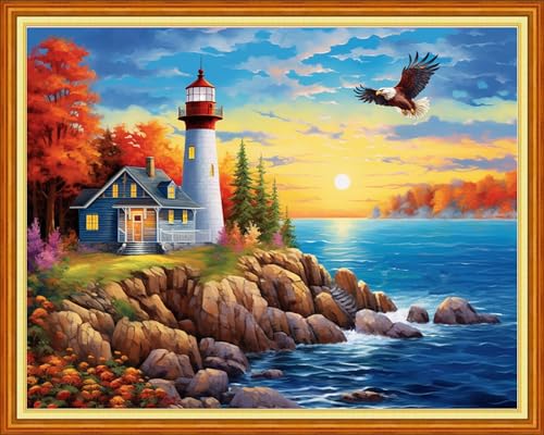 Image of Redxing Stamped Cross Stitch Kits Embroidery kit for Beginners Adults Full Range of Embroidery Patterns Starter Kits DIY Printed Cross Stitch Kits Needlepoint Kits 11CT-Lighthouse Eagle 16x20 inch