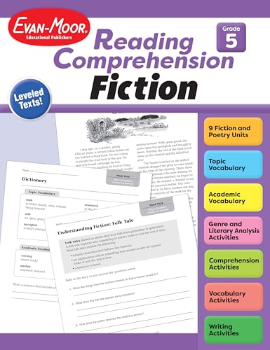 Evan-Moor Reading Comprehension: Fiction Grade 5, Homeschooling and Classroom Resource Workbook, Realistic Fiction, Historical fiction, Poetry, Mystery, Fairy tale, Leveled, Close reading, Fable