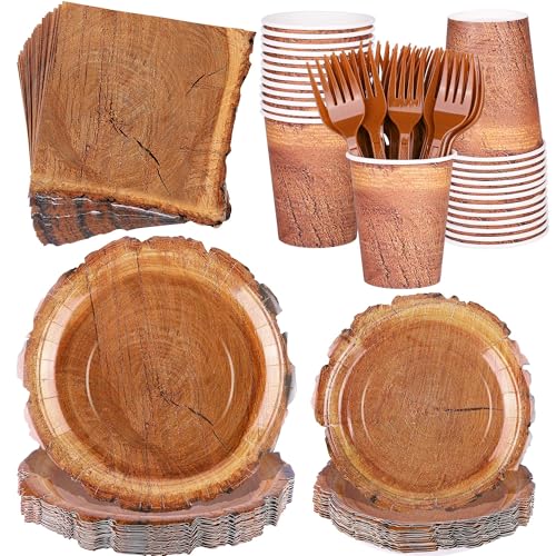 Kochorie 144 Pieces Camping Wood Grain Slice Tableware Sets Rustic Wood Party Decorations Paper Plates Napkins Cups Forks Serves 24 for Forest Themed Party Decorations Hunting Birthday Supplies