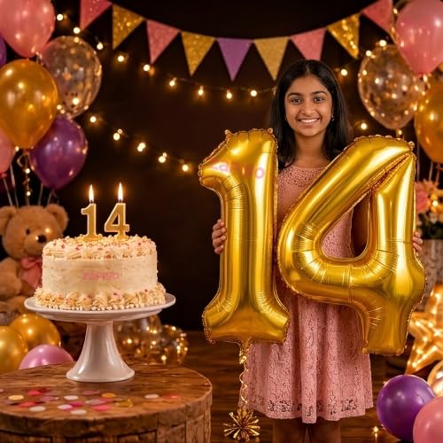 Image of Balloonistics Gold 40-Inch Foil Number 14 Balloon with Matching Number Candle - Combo Set for 14th Birthday, Anniversary, Party Decoration, Photo Booth Backdrop, Cake Table Decor