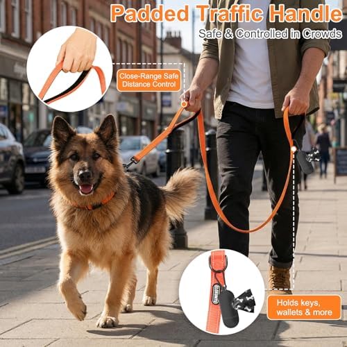 CLCKUMTU Heavy Duty Dog Leash with 2 Comfortable Padded Handles, 6FT Traffic Handle Extra Control, Highly Reflective Threads Leash for Small/Medium/Large Dogs (Orange) - 3