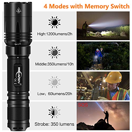 MIKAFEN Tactical Flashlight 1200 Lumens LED Weapon Light with Picatinny Mount, Micro-USB Rechargeable, Battery and Pressure Switch Included - Thumbnail 6