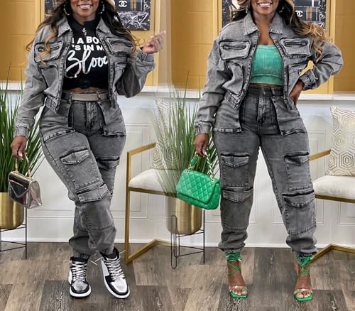 Voghtic Women's Two Piece Denim Outfits Long Sleeve Zipper Jean Jacket Cargo Pant Matching Sets3
