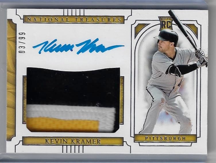 Kevin Kramer Autographed & Serial Numbered #03/99 Player's Collection Signature Tri Color Game Used Jersey Relic Memorabilia Auto Rookie Card RPA Collectible Baseball Card - 2019 Panini National Treasures Baseball Card #16 (Pirates)