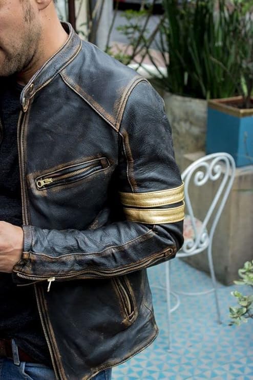 Men's Classic Vintage Cafe Racer Golden Stripes Distressed Brown Motorcycle Vintage lightweight Leather Jacket For Men (as1, alpha, m, regular, regular)2