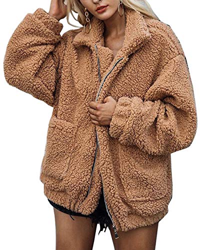 CHARTOU Women's Casual Warm Winter Oversized Full-Zip Fleece Fuzzy Faux Shearling Coat Outwear Jackets (Camel, XX-Large)