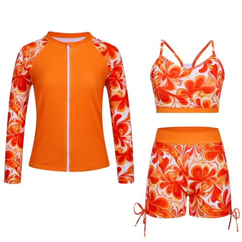Image of Funnycokid Girls Swimsuit 3 Pieces Long Sleeve Rash Guard Zip Bathing Suits Teens Boyshort 3-14 Years