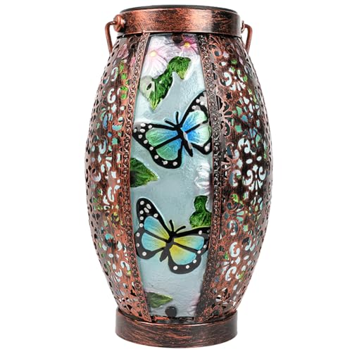 TEYIGARDEN Faroles solares de mariposa de vidrio y metal, farol colgante para exteriores, impermeable, 16 pulgadas de alto, luz de mesa con diseño hueco para decoración de mesa de jardín, patio