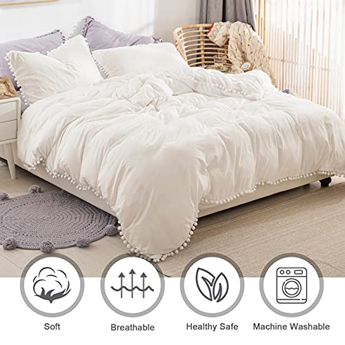 WONGS BEDDING Single Duvet Cover Set Fringed Pompom White Bedding Set including 1 Pillowcase Soft Cozy Microfiber Zipper Closure Tassels Duvet Cover for All Season(135x200cm) - Image 3