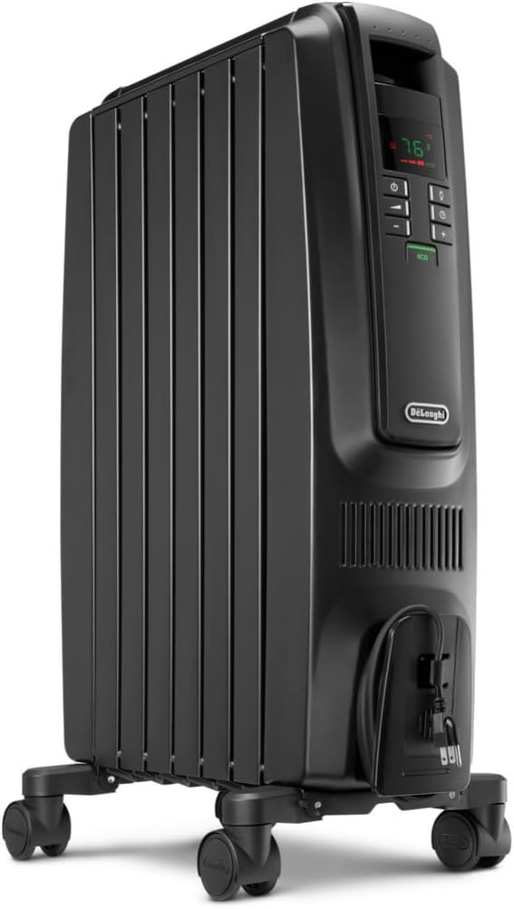 DeLonghi Dragon Digital Oil Filled Radiator Heater, 1500W Electric Space Heater for indoor use, programmable timer, Energy Saving, full room heater with safety features TRD40615EBK, 16"x10"x26", Black