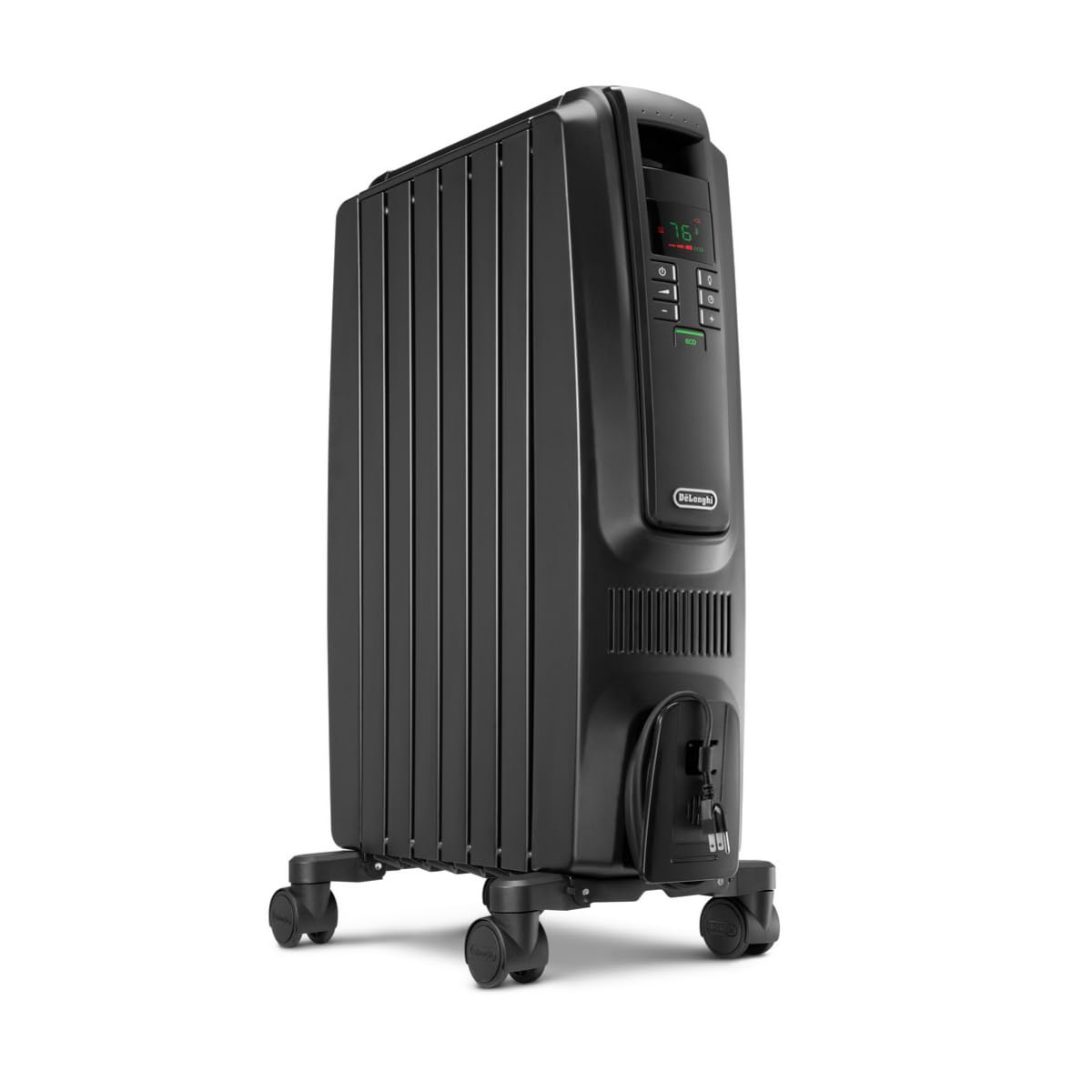 DeLonghi Dragon Digital Oil Filled Radiator Heater, 1500W Electric Space Heater for indoor use, programmable timer, Energy Saving, full room heater with safety features TRD40615EBK, 16"x10"x26", Black