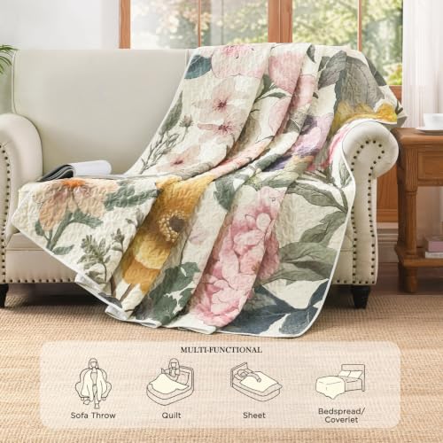 Image of Andency Floral Boho Quilt King Size Bedding Set Beige Blush, 3 Pieces Farmhouse Colorful Flower Botanical Summer Bedspreads with 2 Shams, Soft Reversible Lightweight Coverlet Set All Season, 106 inchx96 inch