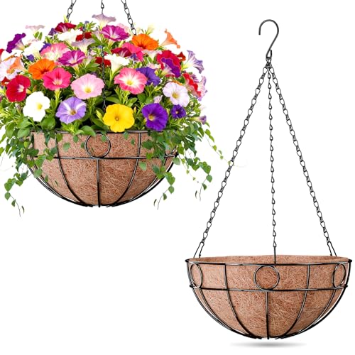 ZeeDix 2 Pack Round Hanging Baskets for Plants Outdoor, 12 Inch Metal Wire Planter Basket with Coco Liner, Hanging Flower Pots for Garden Yard Patio Porch Balcony Decor