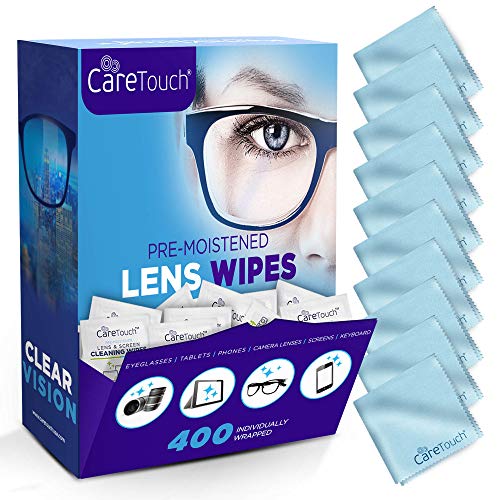 Care Touch Lens Cleaning Wipes with Microfiber Cloths | 400 Lens Cleaning Wipes and 10 Microfiber Cloths | Excellent for Glasses, Laptops, Computer Screens, and Phones