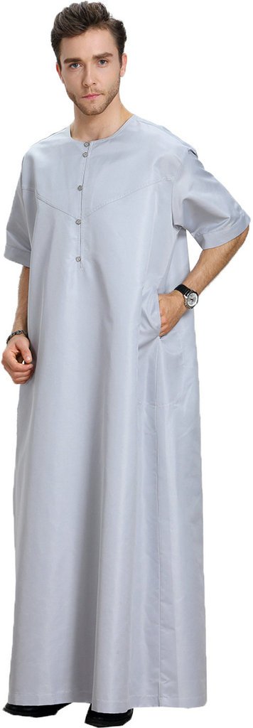 Ababalaya Men's Round Neck Half Sleeve Solid Saudi Arab Thobe Islamic Muslim Dubai Robe