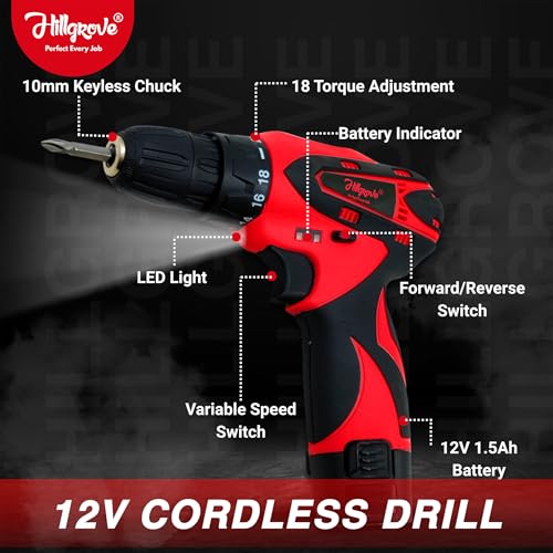 Image of Hillgrove Electric Rechargeable Wireless Mini Cordless Charging Screw Drilling Wall Hole Battery & Charger Power Drill Machine Kit Set for Home Use