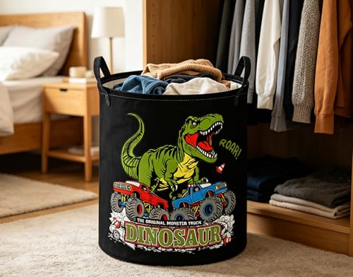 Image of ESSME Kids Laundry Basket,Dinosaur Hamper Collapsible Canvas Waterproof Storage Bin for Boys, Cute Hamper,Gift Baskets(Black Dinosaur)