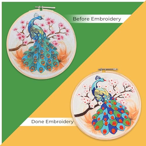 Image of picknMAKE Colorful Majestic Peacock Hand Embroidery Kit for Beginners, Adults & Kids - Digital Printed Fabric, Threads, Needles, Floral Sequins & Instructions - DIY Embroidery Set