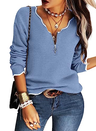 Image of Hongqizo Women's V Neck Long Sleeve Sweater Half Zipper Knit Sweater Casual Cricket Stripe Jumper Pullover Knit Tops