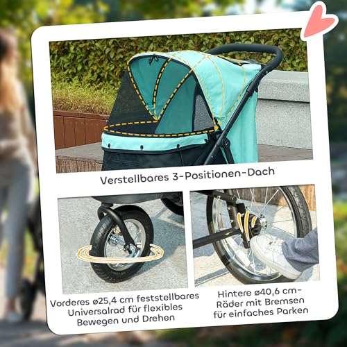 PawHut Hundewagen Jogger Hundebuggy klappbar für kleine Hunde & Katzen bis 10 kg Katzenbuggy mit 3 große Gummiräder, Kissen Netzfenstern Aufbewahrungskorb Katzenwagen mit Sicherheitsleinen, Türkis