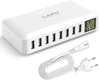 Romacci Carregador USB inteligente de 8 portas 50W 8A Hub USB de várias portas com display LCD Carregador de parede de carregamento rápido Adaptador de alimentação com cabo de alimentação longo de 4 pés