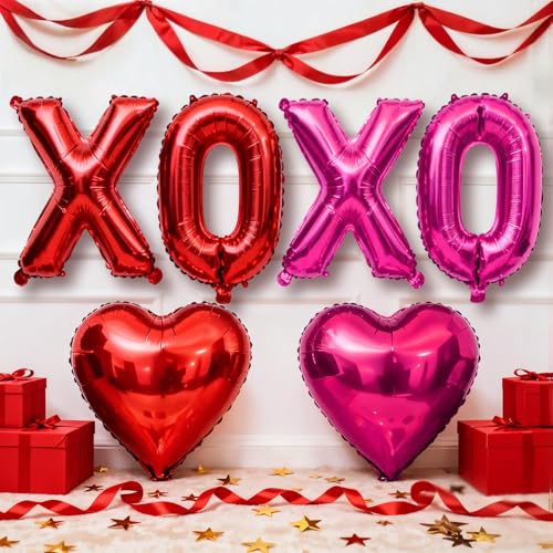 Image of Red XOXO Heart Balloons 6 Pcs Valentines Day Balloons Red Pink Heart Shaped Balloon XOXO Foil Balloon Letters for Girls Women Anniversary Sweet Valentine Day Romantic Decor Special Night Party